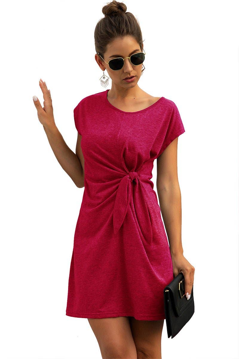 Solid Twist Knot Front Short Sleeve Tee Fit Dress