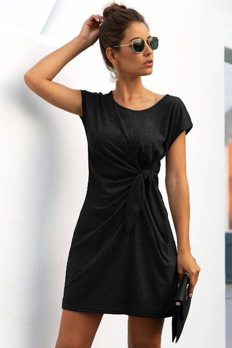 Solid Twist Knot Front Short Sleeve Tee Fit Dress