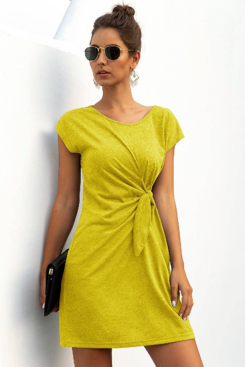 Solid Twist Knot Front Short Sleeve Tee Fit Dress