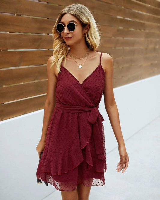 V Neck Ruffle Hem Swiss Dot Self Tie Cami Dress