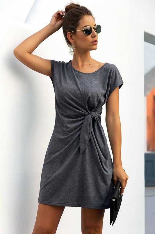 Solid Twist Knot Front Short Sleeve Tee Fit Dress